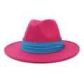 Cappello fedora in lana invernale unisex con tesa piatta larga e nastro blu per stile. - Rosso rosa