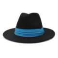 Classico cappello fedora in lana nera a tesa piatta con elegante nastro blu per autunno inverno. - Nero