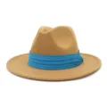 Cappello fedora in lana con nastro blu, elegante cappello jazz a tesa larga per autunno e inverno. - Cammello