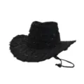 Black Distressed Western Cowboy Hat with Chin Strap Summer Sun Beach Outdoor Riding Cap - One Size 57-58cm / Black