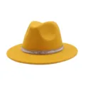 Detailed shot of yellow wool fedora jazz hat with sparkling rhinestone decorative band. - 58cm / Yellow