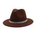Close-up detail view of the brown felt fedora hat featuring a sparkling rhinestone band design. - 58cm / Coffee