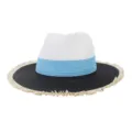 Detailed view of the color-blocked straw sun hat with fringe brim and braided weave texture. - Adjustable / Sky Blue
