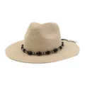 Zomerse strohoed met brede rand, zwarte steen en zilveren kralenband strandhoed voor unisex. - Beige