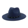 Klassieke blauwe strohoed fedora met kraalband zomer outdoor zon strandhoed voor dames heren - Marineblauw
