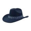 Navy blue wool felt western cowboy hat with rhinestone denim band for women men fashion - One Size / Navy Blue