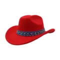 Close-up of red felt cowboy hat featuring a sparkling rhinestone blue denim band detail. - One Size / Red