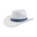 White felt western cowboy hat featuring a stylish blue denim rhinestone embellished hat band. - One Size / White