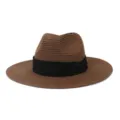 Detail view of brown straw fedora hat with black ribbon band, summer sun protection. - 58cm / Coffee