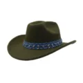 Close-up detail of dark green felt cowboy hat featuring blue rhinestone denim hatband stylish - One Size / Army Green
