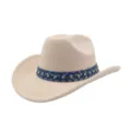 Close-up detail of the elegant beige felt cowboy hat with sparkling rhinestone denim band. - One Size / Beige