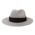 Close-up view of the grey straw fedora hat with black ribbon, fine weave texture detail. - 58cm / Gray