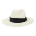Close-up detail of the woven straw fedora hat featuring a black ribbon band and wide brim. - 58cm / Cream