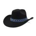 Close-up of black woolen cowboy hat with blue denim studded band and metallic rhinestone details. - One Size / Black