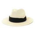 Classic straw fedora hat with black ribbon band, perfect for summer beach and outdoor sun protection. - 58cm / Beige