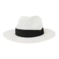 Detail shot of white straw fedora hat featuring black band for summer beach sun protection. - 58cm / White