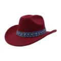 Woolen western cowboy hat detail showing rhinestone denim band and retro felt texture design. - One Size / Burgundy