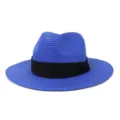 Blue jazz straw hat for summer beach outdoor sun protection, classic wide brim beach sun hat. - 58cm / Sapphire Blue
