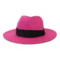 Pink straw fedora hat with black band summer beach sun hat for women and men outdoor travel. - 58cm / Rose Red