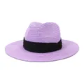 Purple straw fedora hat with black band for outdoor beach sun protection, summer style. - 58cm / Light Purple