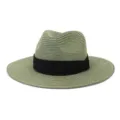 Detail shot of green straw fedora sun hat with black band for summer beach and outdoor use. - 58cm / Army Green