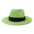 Light green straw fedora hat with black ribbon, perfect for outdoor beach sun protection. - 58cm / Green