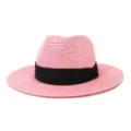 Pink straw fedora hat detail view, stylish summer beach sun protection hat with black band - 58cm / Watermelon red