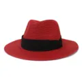 Red straw jazz hat detail view, stylish black ribbon band, perfect for outdoor summer beach sun. - 58cm / Red