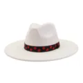 Chapeau fedora feutre blanc avec ruban pois noirs rouges, chapeau jazz plat élégant détail. - 58cm / Blanc