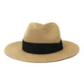 Summer straw fedora sun hat with black ribbon band for outdoor beach travel and daily casual wear. - 58cm / Khaki