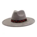 Chapeau fedora en suedine grise a bord plat avec ruban a pois noirs et rouges chic. - 58cm / Gris Anthracite