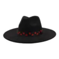 Gros plan detail de chapeau fedora noir en feutre avec ruban a pois rouges elegant. - 58cm / Noir