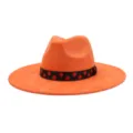 Chapeau fedora orange à large bord avec un élégant ruban noir à pois rouges stylé. - 58cm / Orange