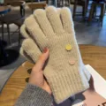 Gants tricotés femme hiver épais chaud mignon smiley écran tactile moufles thermiques - Beige