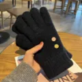 Women thick warm knit touch screen gloves winter black cute gloves for cold weather cycling - Black