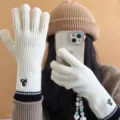 Winter warm knitted gloves with cute small embroidery, long fingerless touch screen design for cold weather. - One Size / White