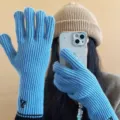 Winter warm blue knit touchscreen gloves with long cuffs and cute embroidery details for daily wear. - One Size / Blue