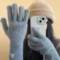 Detail view of winter cute wool knitted Korean style long gloves, warm and soft fabric design. - One Size / Gray