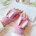 Cute rabbit ear knit half finger gloves winter warm flip top design soft cozy pink fabric detail - One Size / Dusky Pink