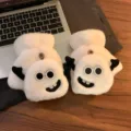 Cute fluffy half-finger winter gloves for women, warm plush flip open design with funny monster eyes. - White