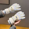 Winter thermal windproof waterproof full finger ski cycling gloves for women in light blue white. - Blue-Yellow