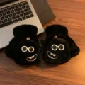Cute winter thick plush half-finger gloves for women, warm flip-top design with funny cartoon embroidery. - Black