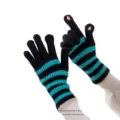 Black and blue striped knitted fingerless gloves, winter warm long touchscreen gloves for women. - One Size / Black