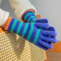 Gants tricotés rayés sans doigts violet vert hiver longs femmes manches chaudes - Taille unique / Bleu Saphir