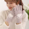 Women winter cute cat paw knitted gloves touch screen warm thick fuzzy mittens cozy daily wear - Light Purple