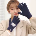Winter warm touch screen gloves for women cute cat paw knitted thick fleece lined cozy daily wear - Dark Blue