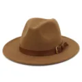Classic brown wool fedora hat with leather belt strap and metal buckle, stylish detail. - 58cm / Khaki