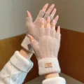 Gants d'hiver thermiques en tricot sans doigts pour femmes, gants en laine chauds confortables - Kaki