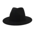 Detail view of the classic black felt fedora hat, showing smooth texture and wide flat brim. - Adjustable / Red and Black