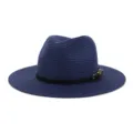 Details of navy blue women fedora straw hat with black PU belt and buckle for summer beach. - 58cm / Navy Blue